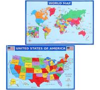 POPETPOP Laminated Geography Map Posters 2 Pack America and World Maps for Educational Use in Bedrooms and Classrooms 20X14 Inches