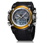 POPETPOP Mens Digital Sports Watch with Backlight and Alarm, Yellow Rubber Strap, Stainless Steel Case, Dual Digital Analog Time Display, 3-Year Battery Life, Lightweight 55g, for Sports
