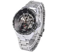 POPETPOP Men's Round Dial Mechanical Watch with Skeleton Design, Waterproof and Sturdy Alloy Stainless Steel Band, Automatic Movement Wrist Watch for Everyday Wear