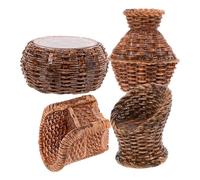POPETPOP Miniature Woven Chair and Bucket Set 4pcs, Resin Dollhouse Furniture Decor for DIY Micro Landscape, Doll House Scene Accessories Large and Small Woven Chairs, Bamboo Jar, and Fish