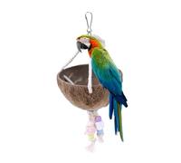 POPETPOP Natural Wooden Parrot Bird with Quick-link Attachment and Color Bead Chain Stand, Coconut Shell Nest Swing for Cage Use, Sturdy Chew and Bite for Small Birds