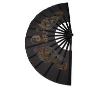 POPETPOP Performance Folding Fan 12-Inch Bamboo Frame Black Fabric with Gold Double Dragon Pattern Tai Chi Hand Fan for Martial Arts Practice and Kung Fu Shows