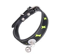 POPETPOP Pet Collar Black Bone Shape with Bell Adjustable Pu Leather Reflective Collar for Cat and Dog