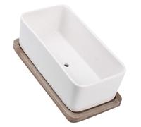 POPETPOP Planter Practical and Sturdy Design for Bonsai and Small Flowers Ceramic Oblong Flower Pot with Bamboo Tray Set, White for Home and Garden Decoration