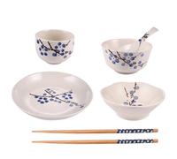 POPETPOP Practical Japanese Style Ceramic Tableware Set for One Person with Bowl, Plate, Cup, Spoon, and Chopsticks, Blue Plum Flower Design, Safe and Beautiful Dinnerware for Home Use