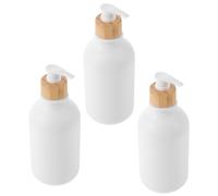 POPETPOP Refillable Shampoo Dispenser Bottles Stylish and Simple Design 500ml 3pcs Made of Pet and Wood with Easy to Use Pump to Avoid Waste, for Shower and Bathroom Use