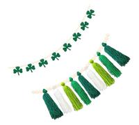 POPETPOP St Patrick's Day Beaded Garland with Wood Beads and Wool Yarn Tassels, Green Shamrock Hanging Decoration for Window Or Mirror, Pastoral Style Holiday Decor