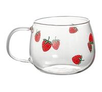 POPETPOP Strawberry Print Glass Cup 350ml Large Capacity No Burr Easy to Clean Cute Bowl Style Coffee and Tea Mug for Office and Restaurant Use