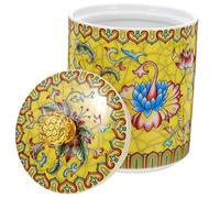 POPETPOP Vintage Ceramic Tea Canister with Sealed Lid Small Yellow Retro Enamel Storage Jar for Tea Beans and Spices Airtight Kitchen Counter Storage Container for Fragrance Lock and Space
