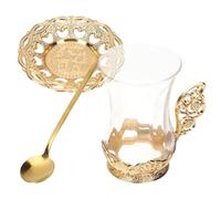 POPETPOP Vintage Glass Tea Making Cup Set with Spoon and Saucer, Elegant Beautifully Carved Design, Aluminum Alloy and Glass Material, Suitable for Office and Home Use