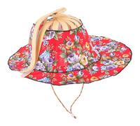 POPETPOP Women Wide Brim Woven Sun Protection Hat with Bamboo and Cloth, Foldable Summer Beach Hat with Good Ventilation, Fit Your Figure for Camping and Outdoor Travel Red