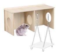POPETPOP Wooden Hamster Hideout Hut and Large Windows with Chamber Design | Stainless Steel Swing Toy Included, Hanging Hooks and Anti Skid Groove, for Rat and Hedgehog Habitats