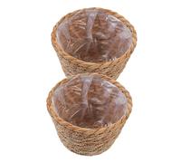 POPETPOP Woven Rattan Flower Planter Basket Set for Indoor Plants, 2pcs 13cm Diameter X 9cm Height, Handwoven Straw Material Decorative Plant Pot for Home Gardening and Flower Arrangement