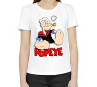Popeye The Sailor Red Logo Women's Classic Crew Neck Short Sleeve T-Shirt, White, S