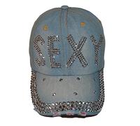 Popfizzy Womens Bling Cap, Rhinestone Baseball Cap, Bejeweled Distressed Denim Hat, Bling Gifts for Women, Sexy (Light Denim), One Size