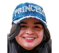 Popfizzy Womens Bling Cap, Rhinestone Baseball Cap, Bejeweled Distressed Denim Hat, Bling Gifts for Women, Princess - Block Letters, One Size