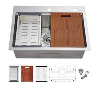 POPFLY 18 x 18 Inch Kitchen Sink, 18 Inch 304 Stainless Steel Top Mount Drop in Workstation Sink, 9-Inch Deep Handmade Single Bowl Sinks with Cutting Board & Strainer, Brushed Nickel（18×18×9）