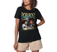 popfunk Women's Bob Ross Homage Ladies T Shirt, Black T-Shirt (Pack of 1)