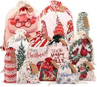 POPGIFTU 12 PCs Christmas Canvas Gift Bags with Drawstring - Assorted Sizes (12 Designs) Reusable Santa Sack, Cotton Xmas Cloth Bags for Holiday Party Favors, Gift Wrapping & Storage