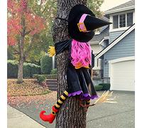 POPGIFTU 130cm Halloween Crashing Witch into Tree - Pink Flying Witch Hanging Prop for Garden, Front Porch, Door, Indoor & Outdoor Halloween Décor