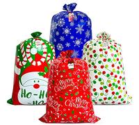 POPGIFTU 4 Pack Christmas Jumbo Gift Bags - 138x92cm Extra Large Plastic Present Sacks for Big Gifts, Heavy-Duty Oversized Holiday Wrapping Bags with Gift Tags & Ties, Reusable Santa Gift Bags