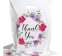 POPGIFTU 50 Pack Floral Thank You Gift Bags - 30x38cm Merchandise Retail Plastic Carrier Bags with Handles for Small Businesses, Boutiques, Clothing Stores, Weddings, Party Favors, Holiday Presents