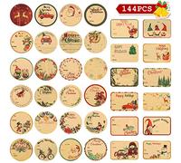 POPGIFTU Christmas Name Tags, 144Pieces Self-Adhesive Kraft Christmas Tags Sticker, 36 Jumbo Designs Christmas Presents Labels, Xmas Holiday Stickers for Boxes Bags Envelopes Package Decoration
