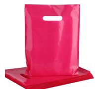 POPGIFTU Rose Pink Plastic Carrier Bags 100 Pack - 23x30cm Glossy Pink Retail Shopping Bags Bulk with Handles for Party Favors, Birthday, Boutique, Trade Shows, Small Business & Retail Store