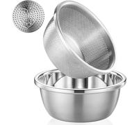 POPGRADE 304 Stainless Steel Colander 2QT Microporous Colander & Mixing Bowl for Kitchen Cooking,Rice Strainer with Washing Bowl for Pasta Straining,Fruit Washing,Vegetable Draining(2PCs)