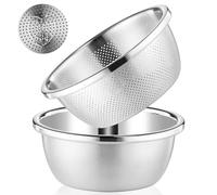 POPGRADE 304 Stainless Steel Colander 5QT Microporous Colander & Large Bowl for Kitchen,Rice Strainer with Salad Mixing Bowl for Pasta Straining,Fruit Washing,Vegetable Draining,Food Mixing(2PCs)