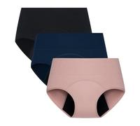 POPKOK Period Underwear for Women High Waisted Postpartum Menstrual Pantie Leakproof Cotton Briefs Plus Size 3 Pack(3XL, Black/Navy/Rosybrown)
