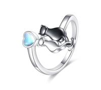 POPLYKE 925 Sterling Silver Cat Ring for Women Black Cat Jewellery Gifts for Cat Lover Moonstone Ring for Mother Adjustable Open Ring suit 6-9#