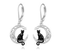 POPLYKE Black Cat Earrings for Women 925 Sterling Silver Crescent Moon Celtic Knot Dangle Earrings Cat Jewellery For Women