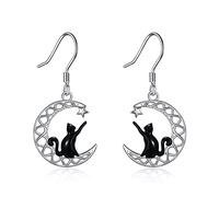 POPLYKE Black Cat Earrings Sterling Silver Moon/Moonstone Irish Jewelry Gifts for Women (star)