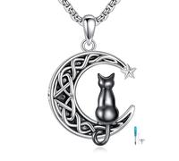 POPLYKE Black Cat Urn Necklace for Ashes 925 Sterling Silver Celtic Moon Cremation Jewellery for Men Women Memorial 20+2" Chain