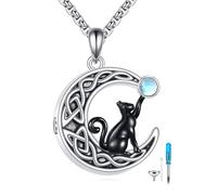 POPLYKE Black Cat Urn Necklace for Ashes 925 Sterling Silver Moonstone Celtic Moon Cremation Jewellery Women Men Memorial 20+2" Chain