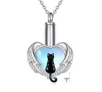 POPLYKE Cat Urn Necklace for Ashes Sterling Silver Black Cat Heart Moonstone Pendant Keepsake Pet Memorial Cremation Jewellery Gift for Women