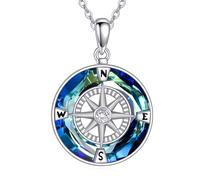 POPLYKE Compass Necklace for Women Men 925 Sterling Silver Compass Pendant Necklace for College Graduation Jewellery with Crystal for Her Women