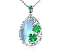 POPLYKE Four Leaf Clover Necklace for Women Sterling Silver Moonstone Teardrop Necklace Four Leaf Clover Lucky Jewelry Gift (Four Leaf Clover)