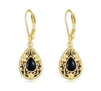 POPLYKE Gold Plated Black Onyx Stone Flower Filigree Teardrop Drop Dangle Earrings Sterling Silver Black Tourmaline Leverback Earrings Jewelry Gifts for Women
