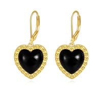 POPLYKE Gold Plated Black Onyx Stone Heart Drop Dangle Earrings Sterling Silver Black Tourmaline Leverback Earrings Jewelry Gifts for Women
