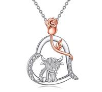 POPLYKE Highland Cow Necklace Sterling Silver Rose Heart Pendant Necklace Cow Gifts for Women