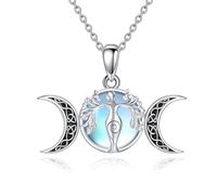 POPLYKE Moonstone Triple Moon Goddess Amulet Pendant Necklace Sterling Silver Tree of Life Wiccan Artemis Jewellery for Women