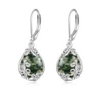 POPLYKE Moss Agate Earrings Sterling Silver Teardrop Moss Agate Filigree Dangle Earrings Leverback Earring Jewellery Gifts for Women