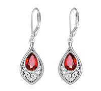 POPLYKE Red Garnet Ruby Filigree Lotus Gemstone Drop Dangle Earrings Sterling Silver Leverback Earrings Jewelry Gift for Women