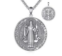 POPLYKE St Benedict Necklace 925 Sterling Silver Saint Benedict Medal Religion Cross Jewellery for Men