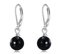 POPLYKE Sterling Silver Simple Black Gemstone Round Bead Ball Drop Dangle Leverback Earrings For Women