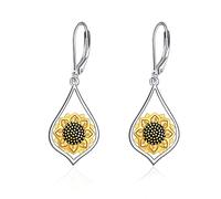 POPLYKE Teardrop Sunflower Leverback Earrings for Women S925 Sterling Silver Flower Dangle Earrings for Girls Birthday Gifts