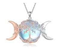 POPLYKE Triple Moon Goddess Necklace 925 Sterling Silver Tree of Life Necklace Pagan Wiccan Witch Moonstone Jewelry Gifts for Women