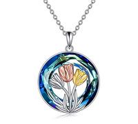POPLYKE Tulips Necklace Sterling Silver Crystal Flower Tulips Jewelry Mother's Day Gifts for Mom